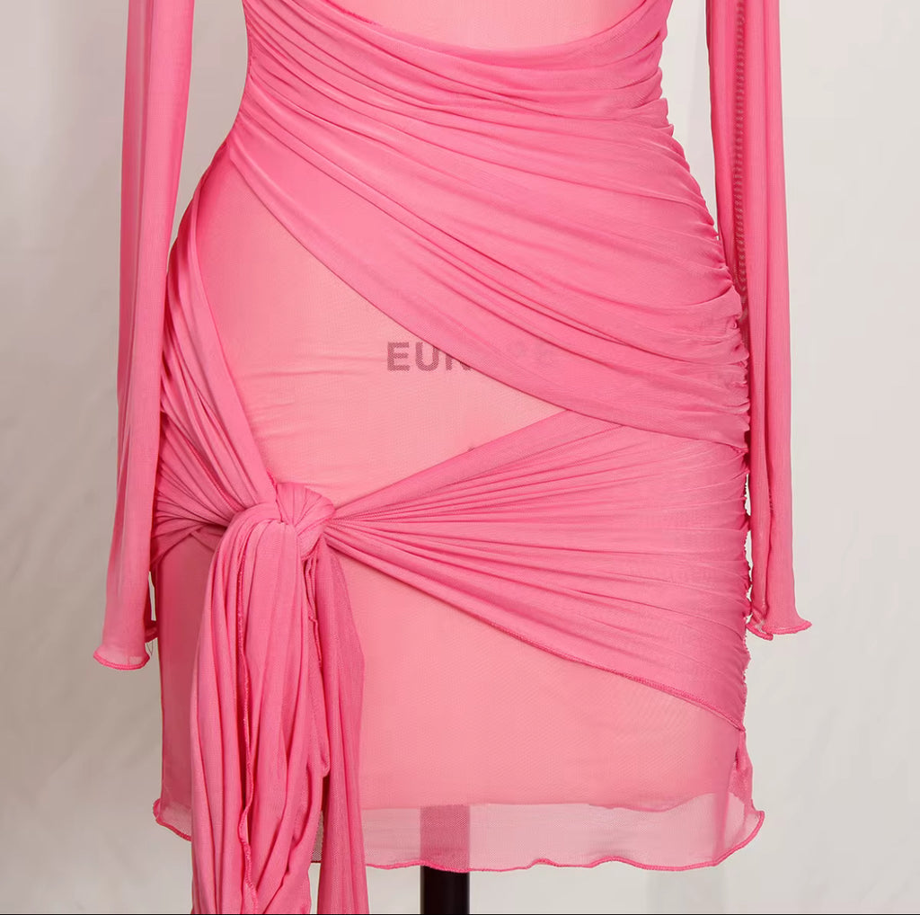 Draped Mesh Dress – Hot Pink